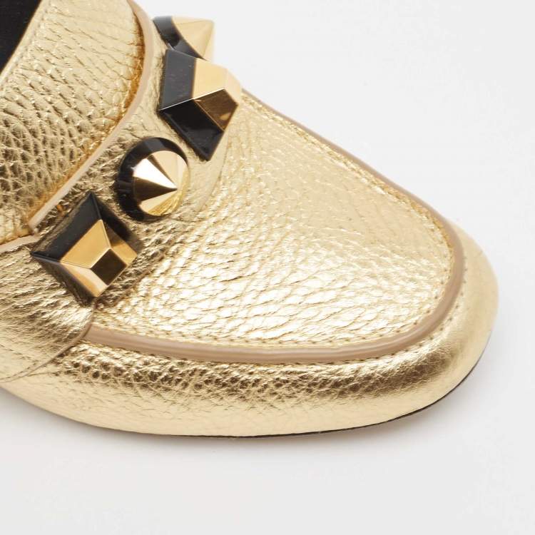 Pre Owned Fendi Gold textured Leather Geometric Stud Loafer Pumps Size 38.5
