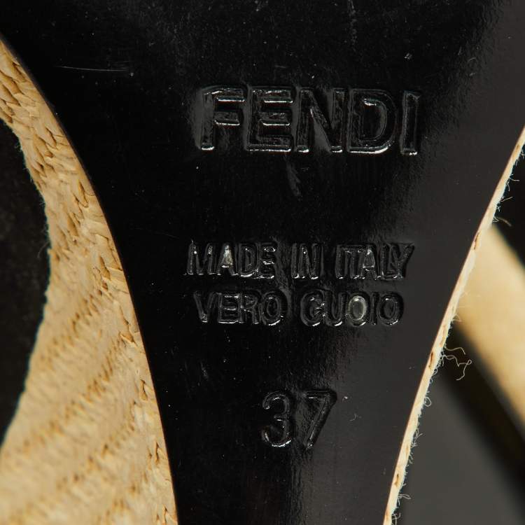 مملوكة مسبقًا Fendi Black/Beige Suede and Raffia Wedge Peep Toe Booties Size 37