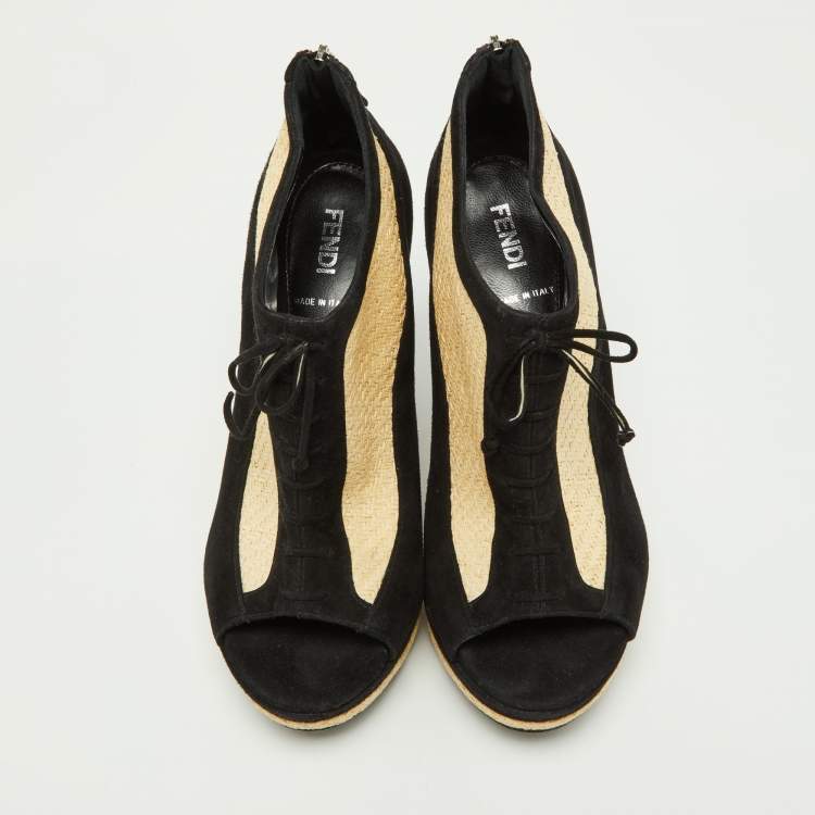 مملوكة مسبقًا Fendi Black/Beige Suede and Raffia Wedge Peep Toe Booties Size 37