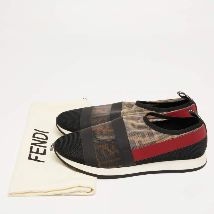 Pre Owned Fendi Tricolor Zucca Mesh and Leather Slip On Sneakers Size 38.5