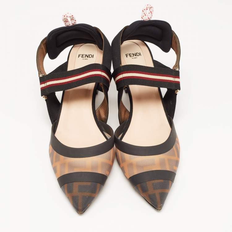 مملوكة مسبقًا Fendi Black/Brown Zucca Mesh and Leather Colibri Pumps Size 38.5