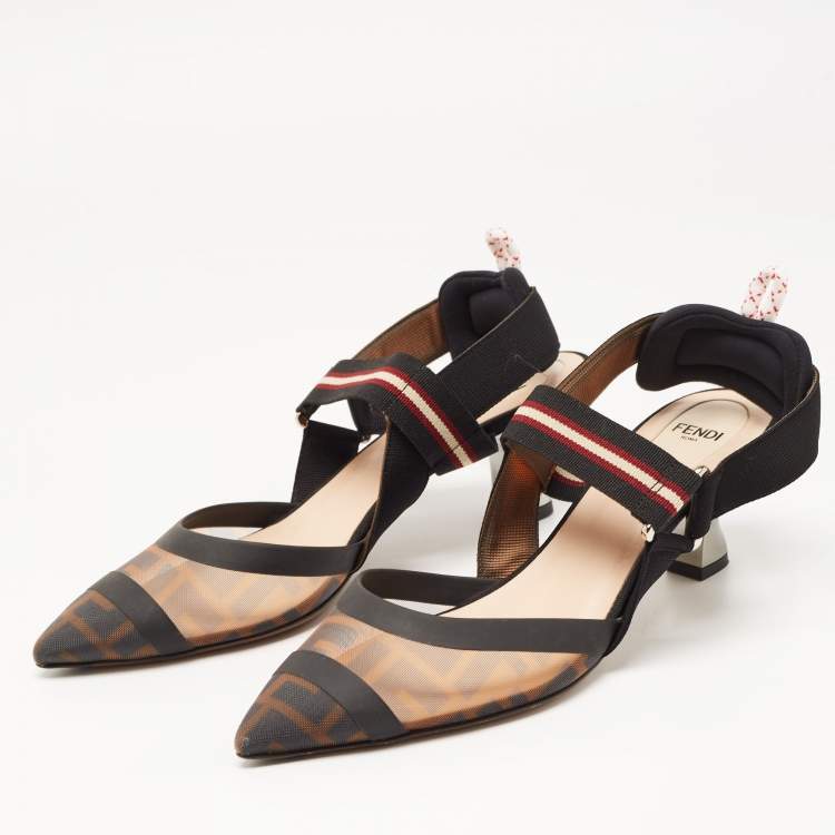 مملوكة مسبقًا Fendi Black/Brown Zucca Mesh and Leather Colibri Pumps Size 38.5