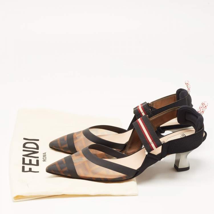 مملوكة مسبقًا Fendi Black/Brown Zucca Mesh and Leather Colibri Pumps Size 38.5