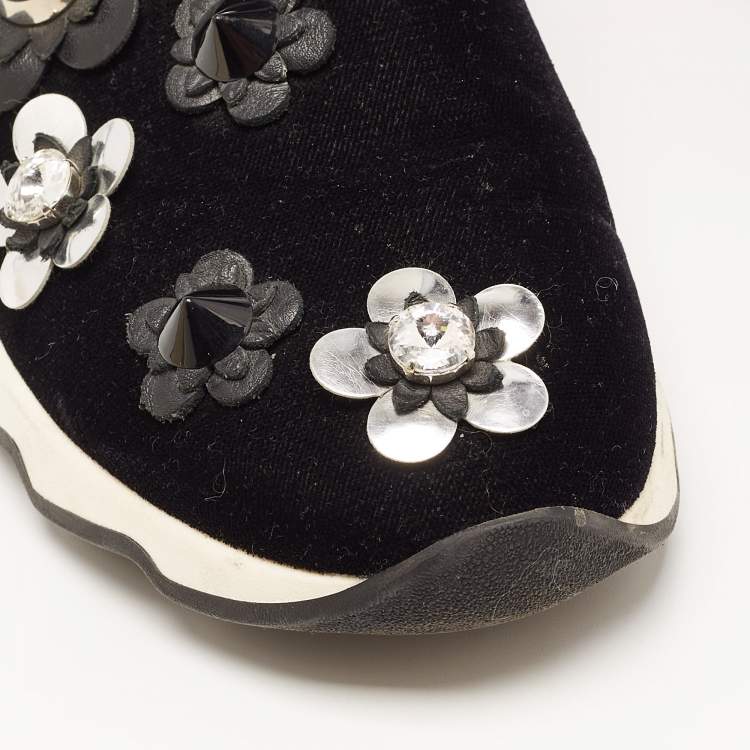 Pre Owned Fendi Black Velvet and Leather Flowerland Slip On Sneakers Size 39
