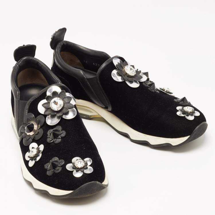 Pre Owned Fendi Black Velvet and Leather Flowerland Slip On Sneakers Size 39