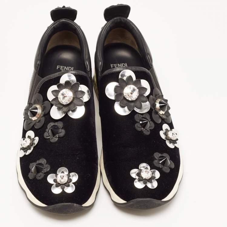 Pre Owned Fendi Black Velvet and Leather Flowerland Slip On Sneakers Size 39