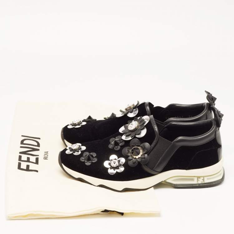 Pre Owned Fendi Black Velvet and Leather Flowerland Slip On Sneakers Size 39