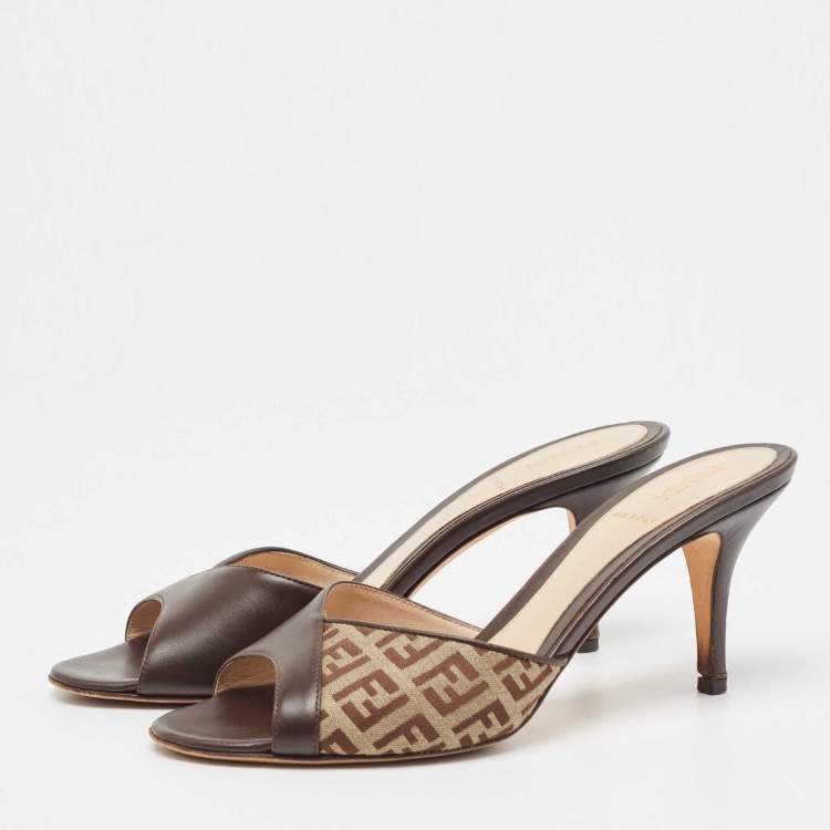 Pre Owned Fendi Brown Leather and Zucca Canvas Mules Size 37