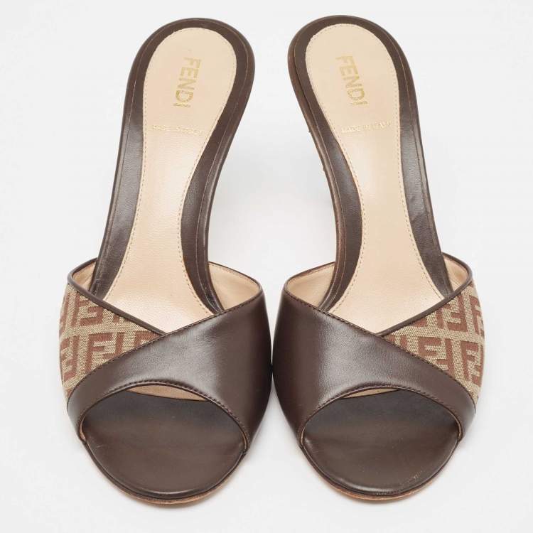Pre Owned Fendi Brown Leather and Zucca Canvas Mules Size 37