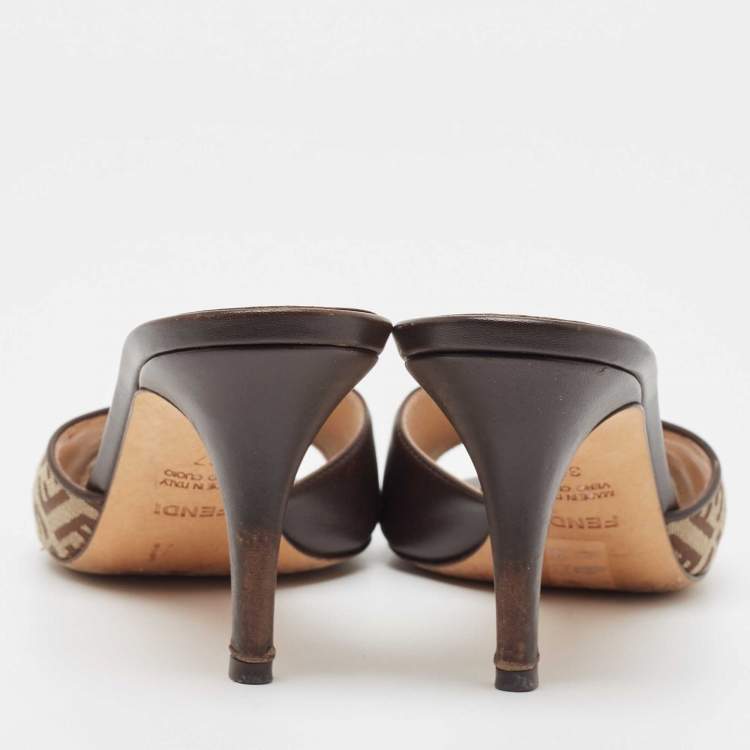 Pre Owned Fendi Brown Leather and Zucca Canvas Mules Size 37