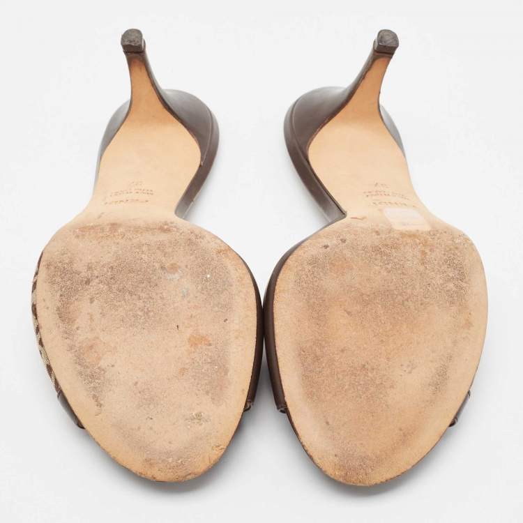 Pre Owned Fendi Brown Leather and Zucca Canvas Mules Size 37