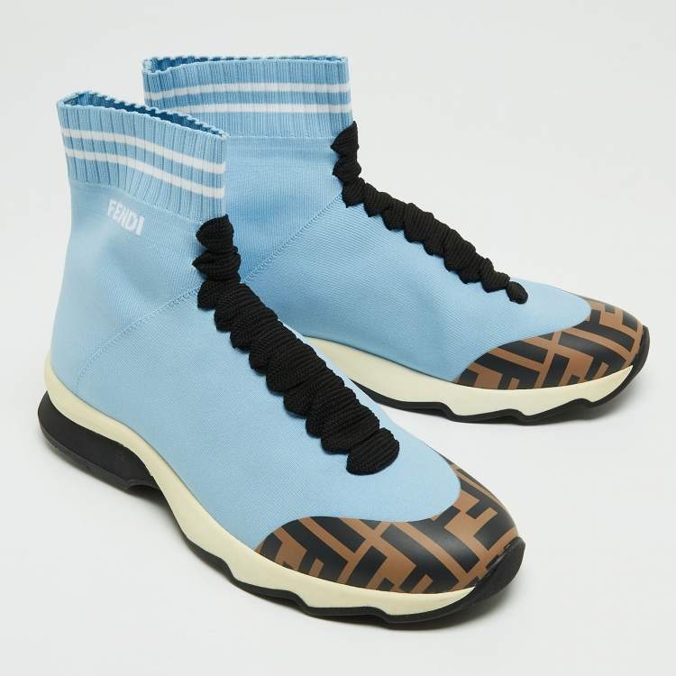 Pre Owned Fendi Blue Knit Fabric Sock High Top Sneakers Size 38