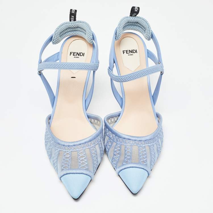 Pre Owned Fendi Blue Leather and Mesh Colibri Lite Slingback Pumps Size 38