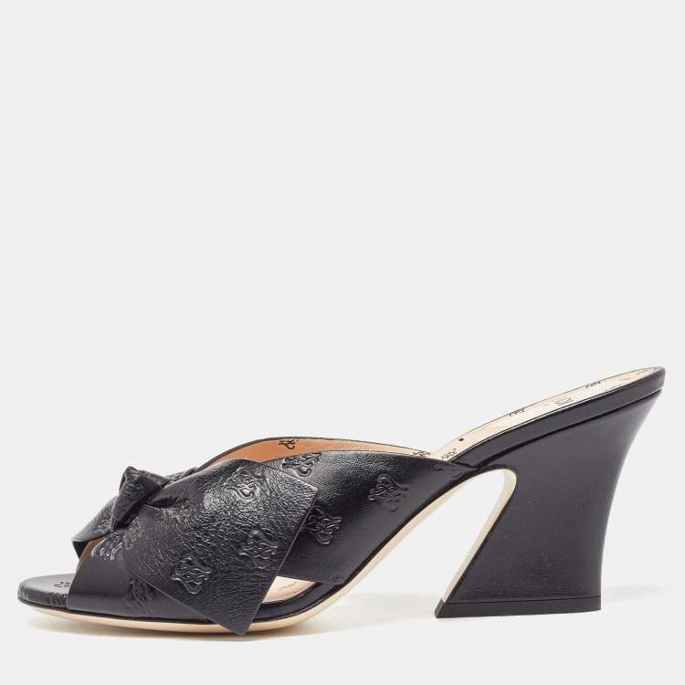 Pre Owned Fendi Black Leather Bow FF Karligraphy Slide Sandals Size 41