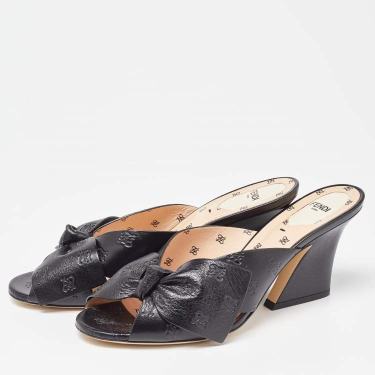 Pre Owned Fendi Black Leather Bow FF Karligraphy Slide Sandals Size 41