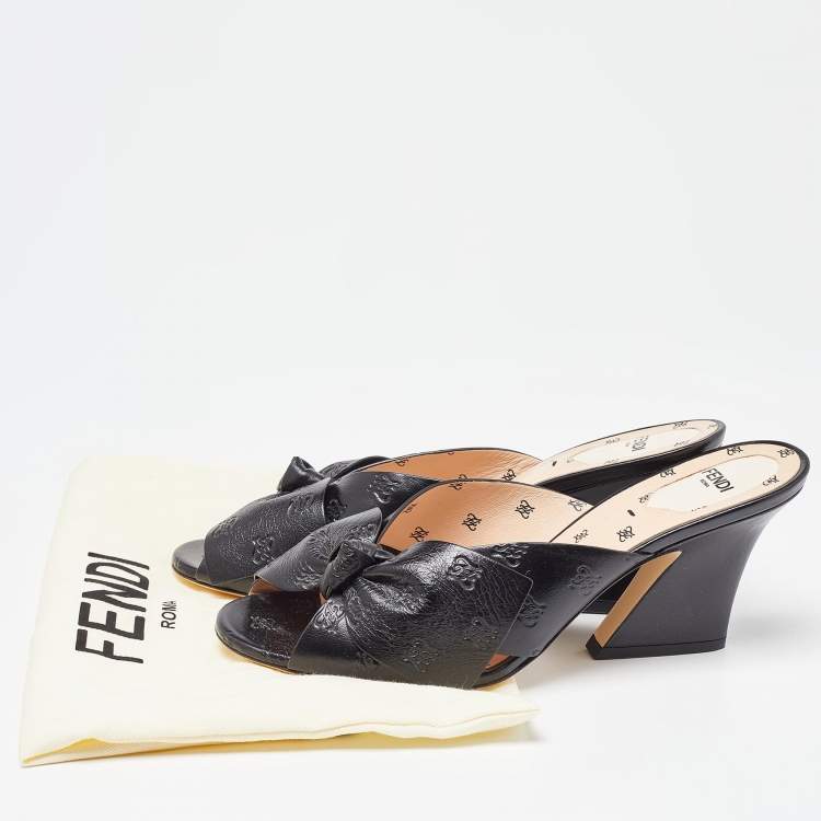 Pre Owned Fendi Black Leather Bow FF Karligraphy Slide Sandals Size 41