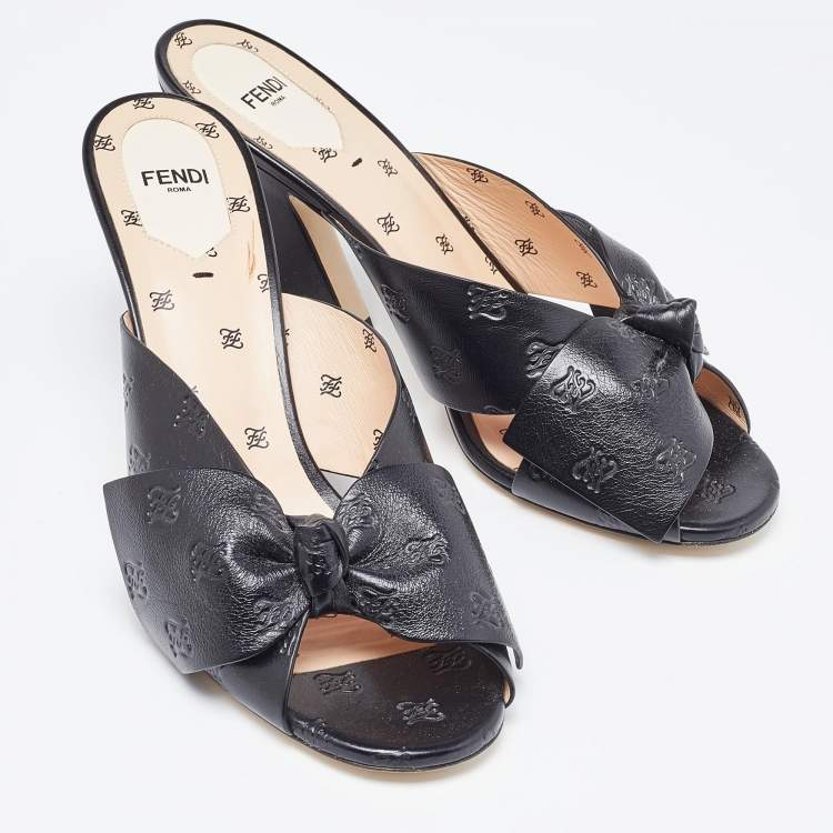 Pre Owned Fendi Black Leather Bow FF Karligraphy Slide Sandals Size 41