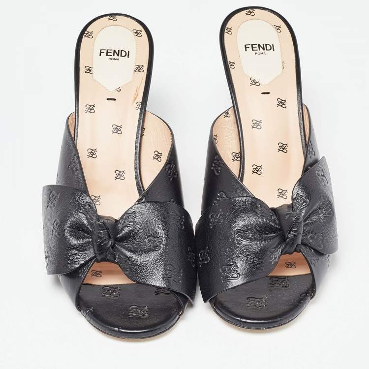 Pre Owned Fendi Black Leather Bow FF Karligraphy Slide Sandals Size 41