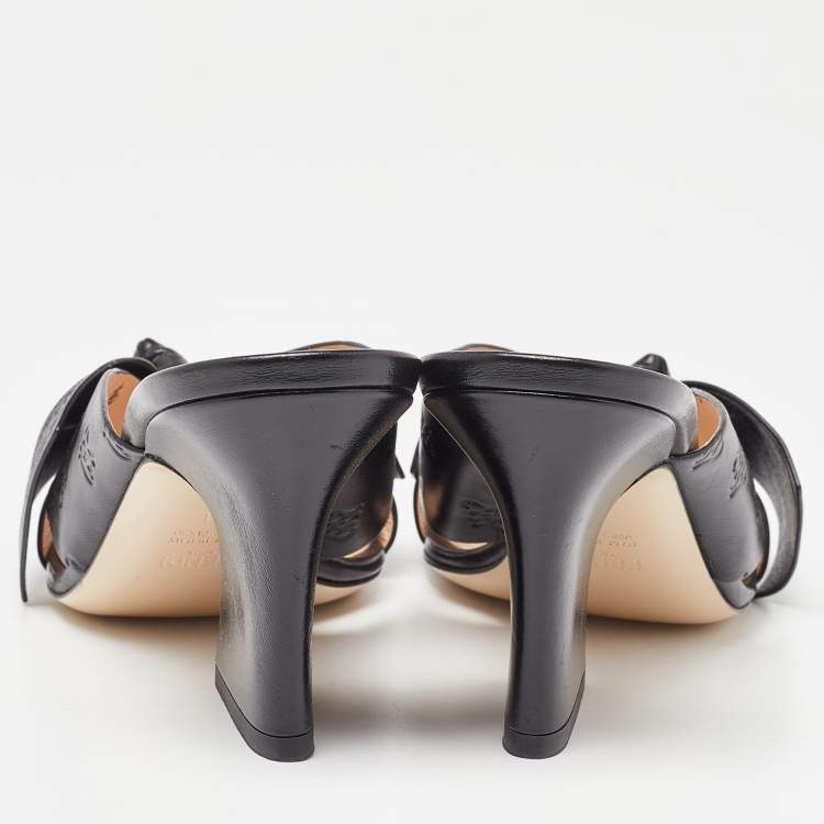 Pre Owned Fendi Black Leather Bow FF Karligraphy Slide Sandals Size 41