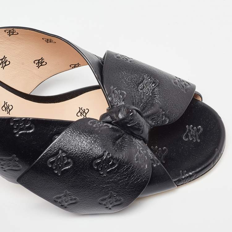 Pre Owned Fendi Black Leather Bow FF Karligraphy Slide Sandals Size 41