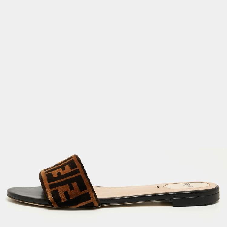 Pre Owned Fendi Two Tone Zucca Velvet Flat Slides Size 40