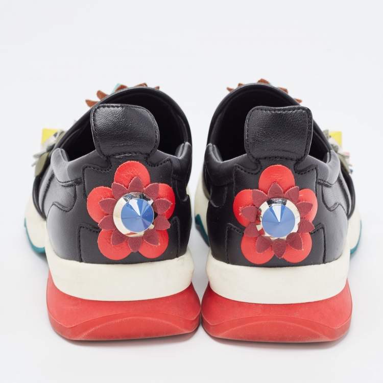 Pre Owned Fendi Black Leather Flowerland Embellished Slip On Sneakers Size 35