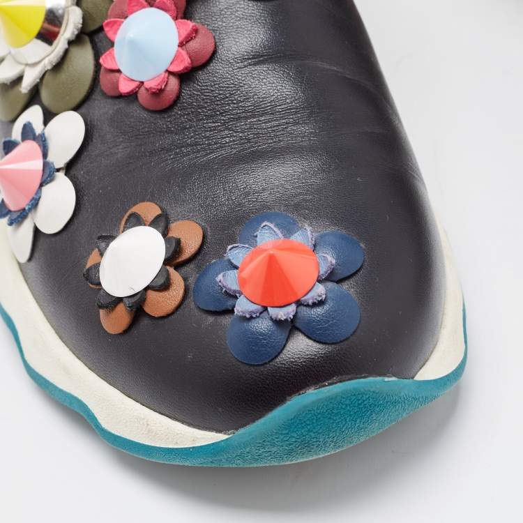 Pre Owned Fendi Black Leather Flowerland Embellished Slip On Sneakers Size 35