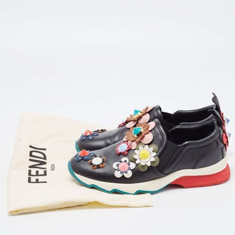 Pre Owned Fendi Black Leather Flowerland Embellished Slip On Sneakers Size 35