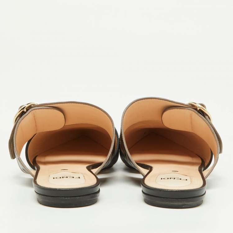 Pre Owned Fendi Black/Tobacco Zucca Leather Flat Mule Sandals Size 37