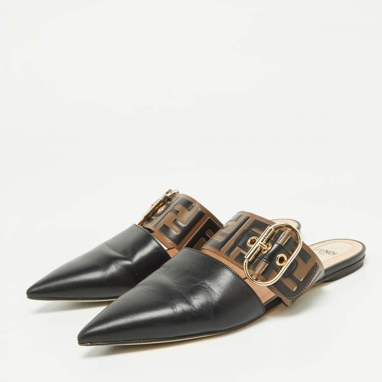 Pre Owned Fendi Black/Tobacco Zucca Leather Flat Mule Sandals Size 37