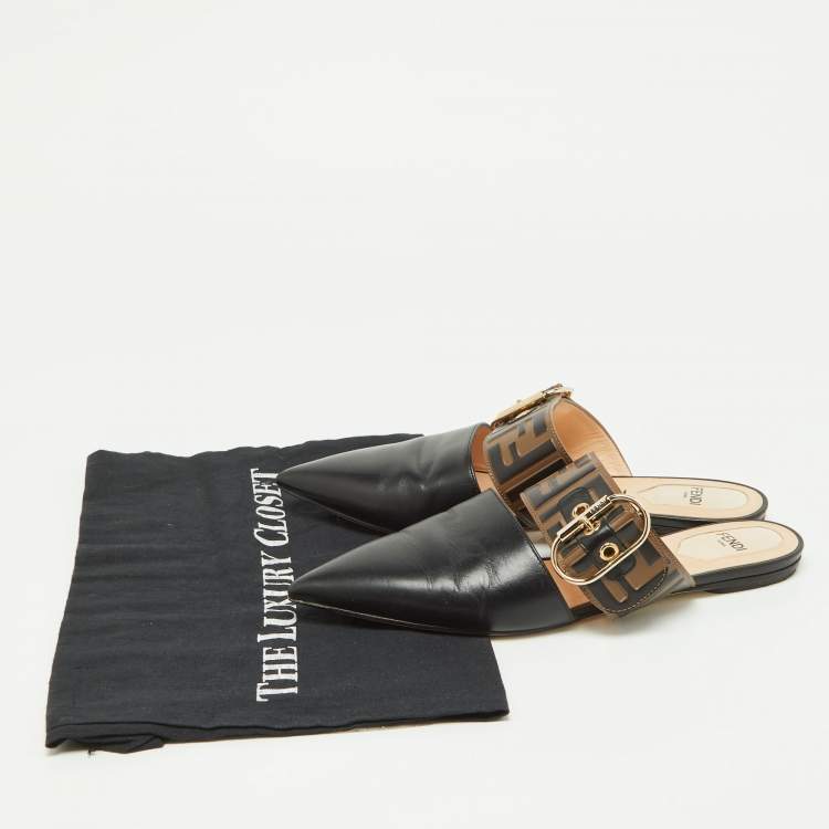 Pre Owned Fendi Black/Tobacco Zucca Leather Flat Mule Sandals Size 37