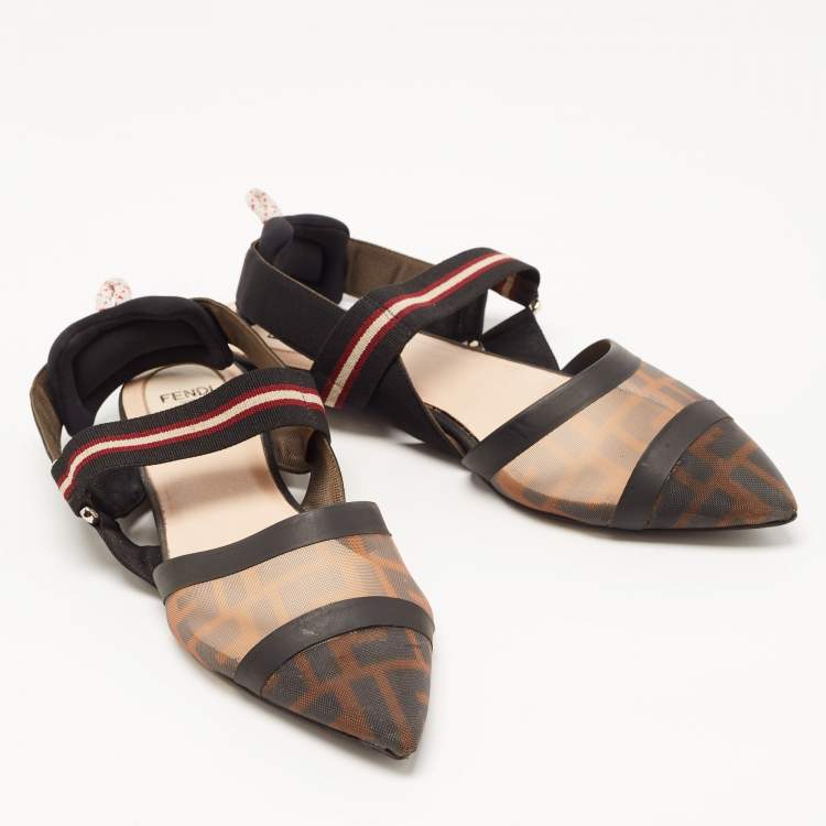 Pre Owned Fendi Brown/Brown Mesh and Canvas Colibri Sandals Size 39.5