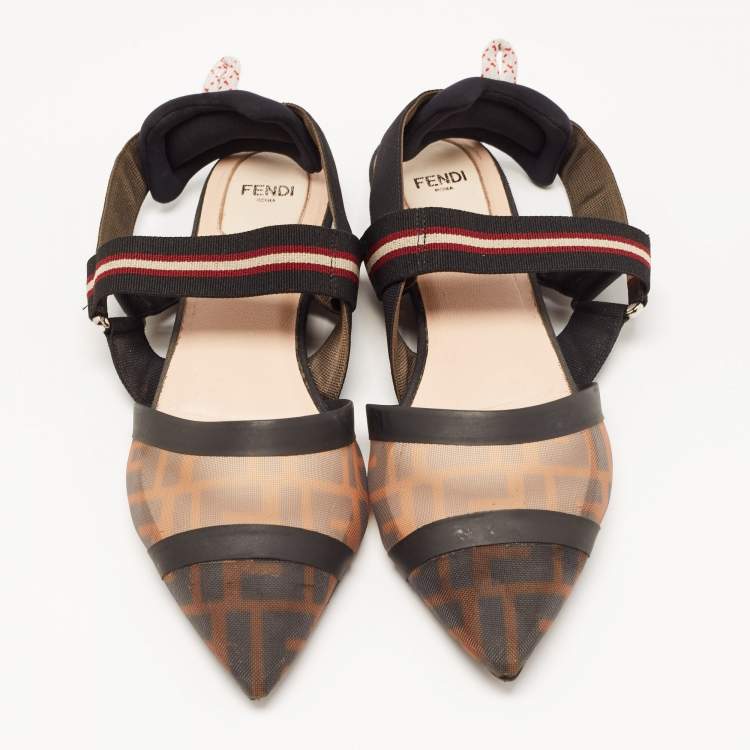 Pre Owned Fendi Brown/Brown Mesh and Canvas Colibri Sandals Size 39.5