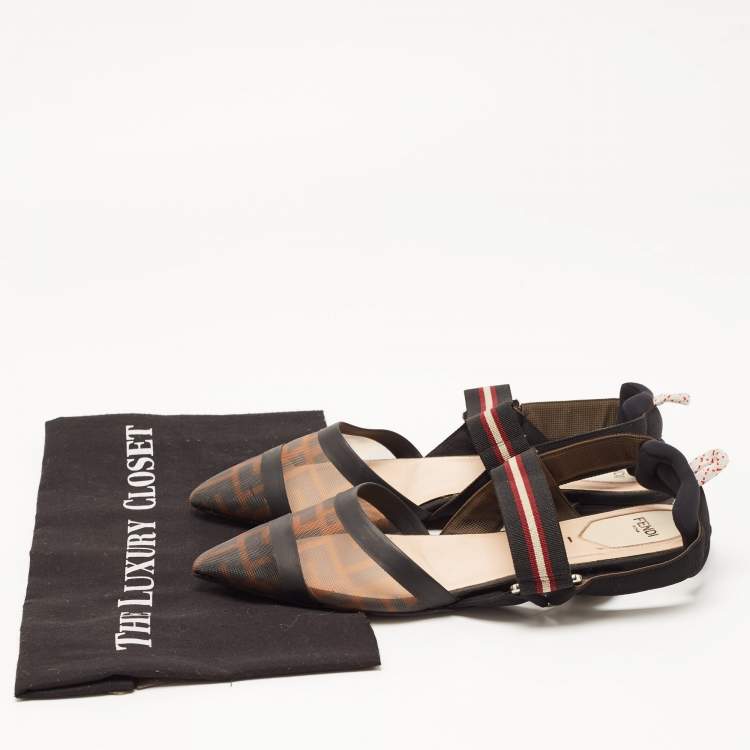 Pre Owned Fendi Brown/Brown Mesh and Canvas Colibri Sandals Size 39.5