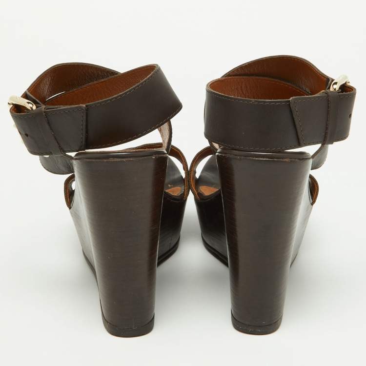 Pre Owned Fendi Brown Zucca Canvas and Leather Ankle Strap Wedge Sandals Size 39