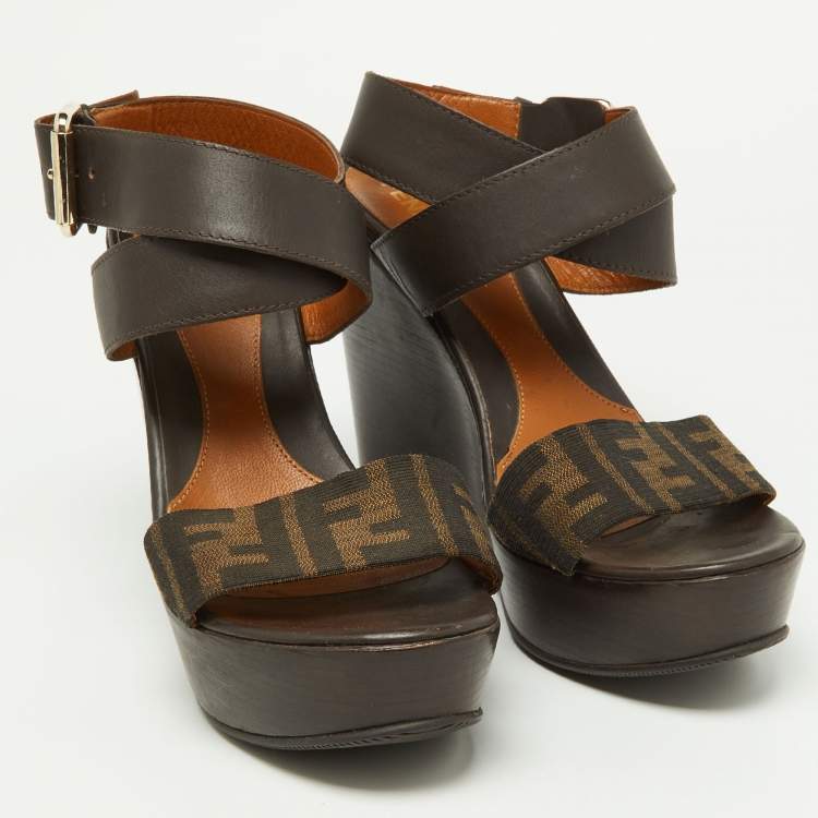 Pre Owned Fendi Brown Zucca Canvas and Leather Ankle Strap Wedge Sandals Size 39