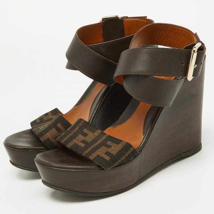 Fendi Brown Zucca Canvas and Leather Ankle Strap Wedge Sandals