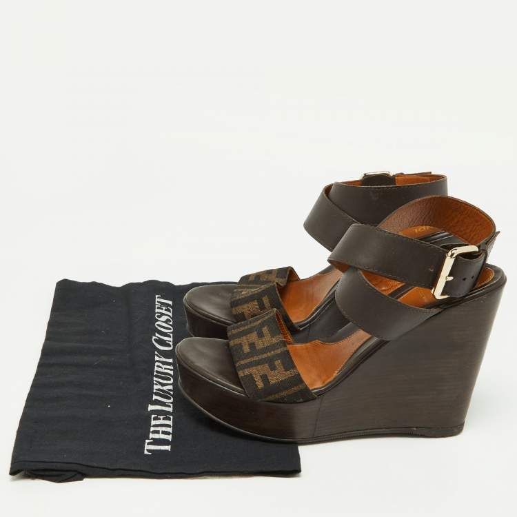 Pre Owned Fendi Brown Zucca Canvas and Leather Ankle Strap Wedge Sandals Size 39