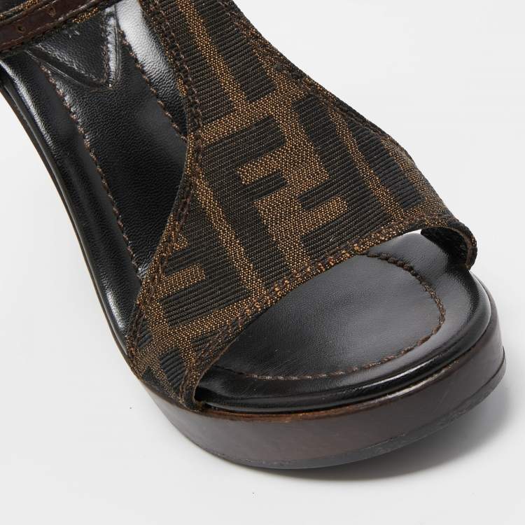 Pre Owned Fendi Brown Canvas FF Block Heel Sandals Size 36.5
