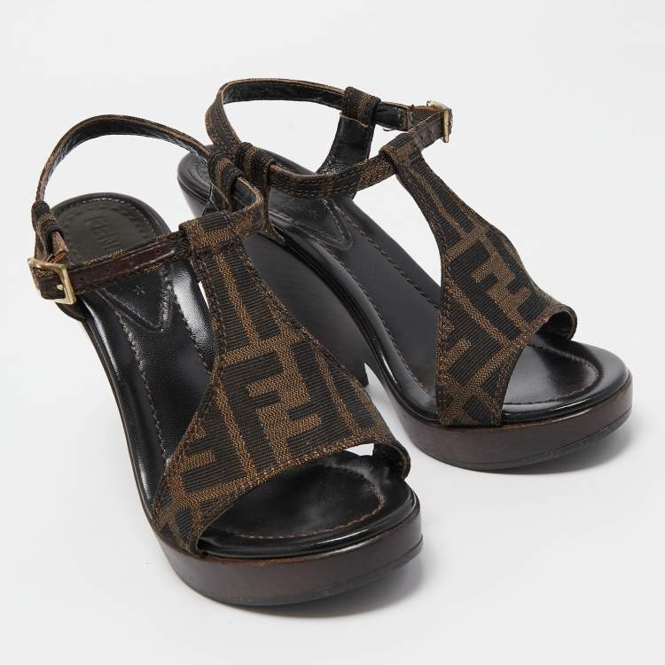 Pre Owned Fendi Brown Canvas FF Block Heel Sandals Size 36.5