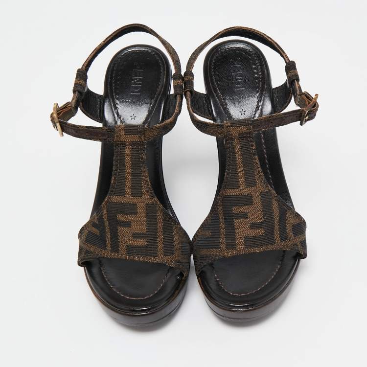 Pre Owned Fendi Brown Canvas FF Block Heel Sandals Size 36.5