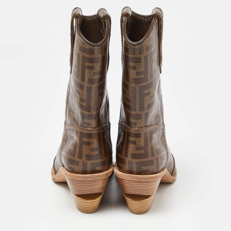 Pre Owned Fendi Brown Zucca Coated Canvas Pointed Toe Ankle Boots Size 37