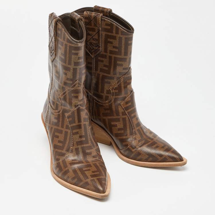 Pre Owned Fendi Brown Zucca Coated Canvas Pointed Toe Ankle Boots Size 37