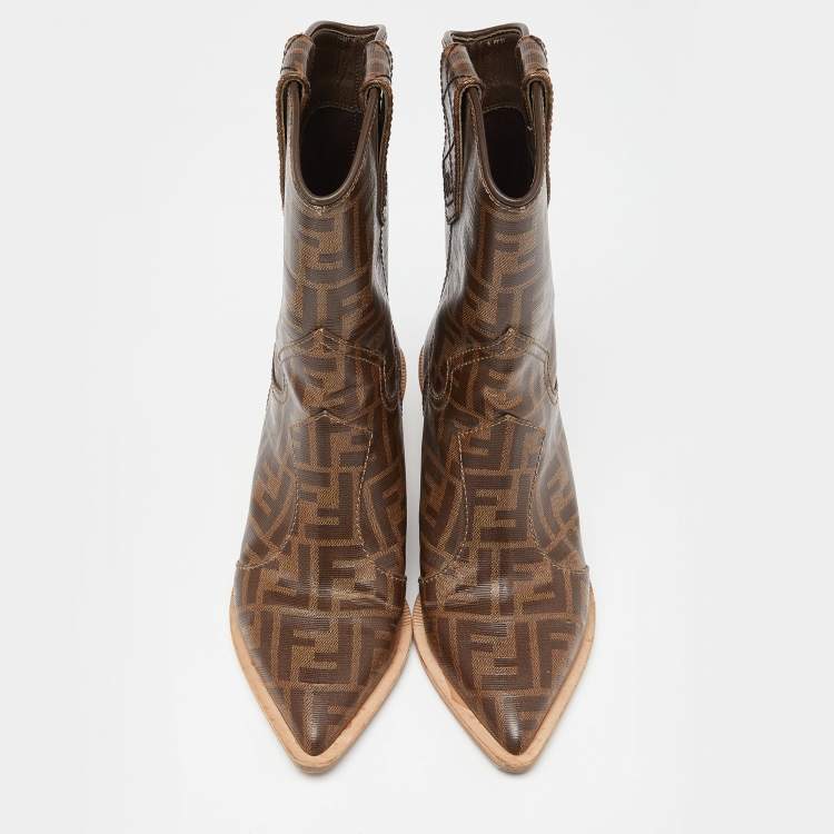 Pre Owned Fendi Brown Zucca Coated Canvas Pointed Toe Ankle Boots Size 37
