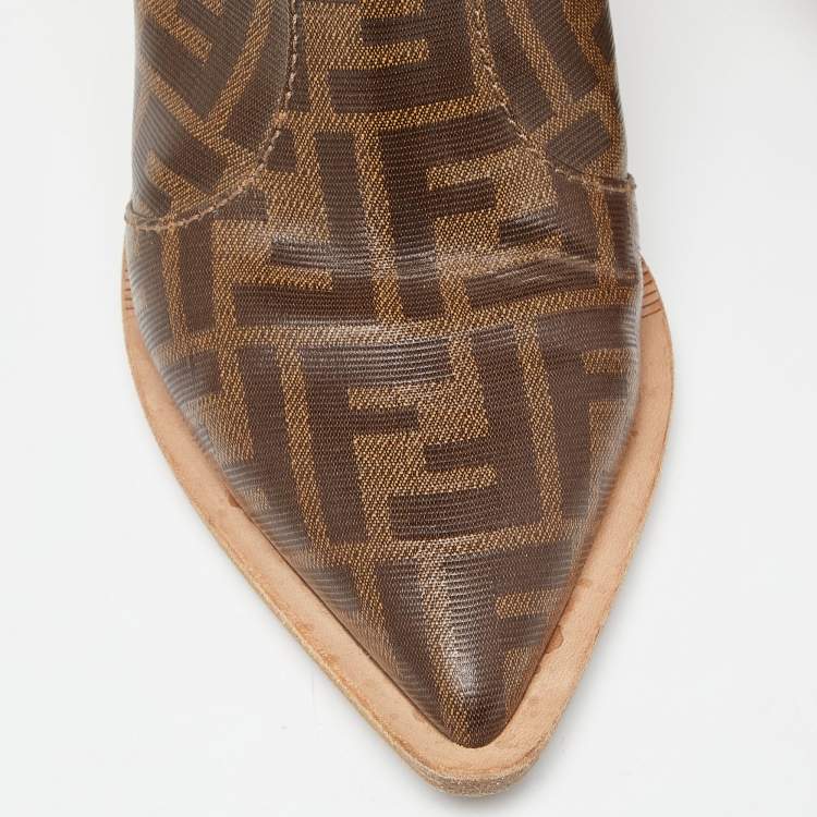 Pre Owned Fendi Brown Zucca Coated Canvas Pointed Toe Ankle Boots Size 37