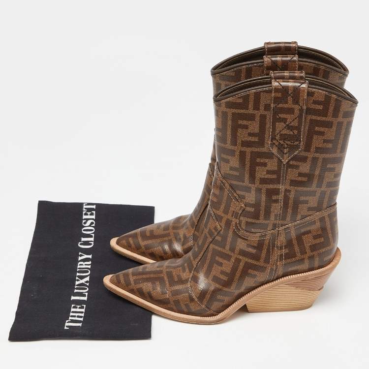 Pre Owned Fendi Brown Zucca Coated Canvas Pointed Toe Ankle Boots Size 37