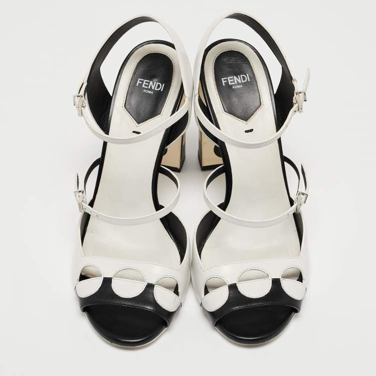 مملوكة مسبقًا Fendi Black/White Leather Ankle Strap Sandals Size 38.5