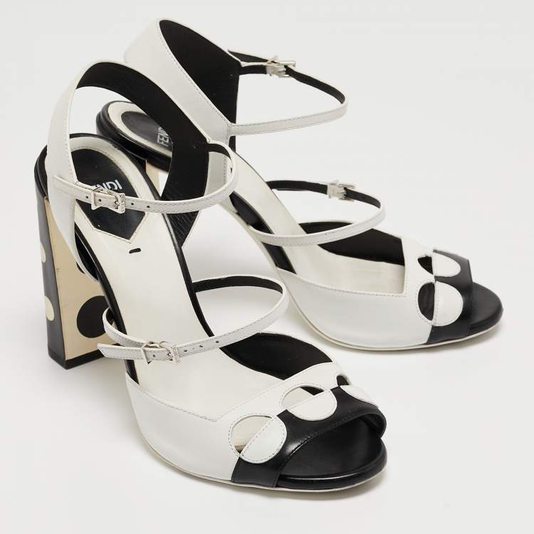 مملوكة مسبقًا Fendi Black/White Leather Ankle Strap Sandals Size 38.5