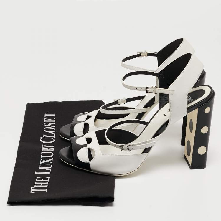 مملوكة مسبقًا Fendi Black/White Leather Ankle Strap Sandals Size 38.5