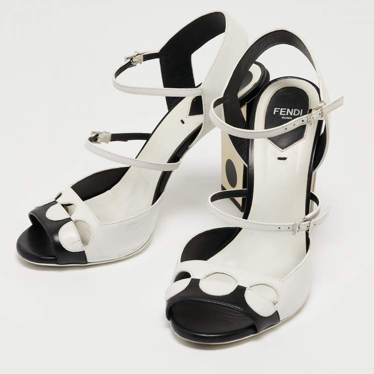 مملوكة مسبقًا Fendi Black/White Leather Ankle Strap Sandals Size 38.5